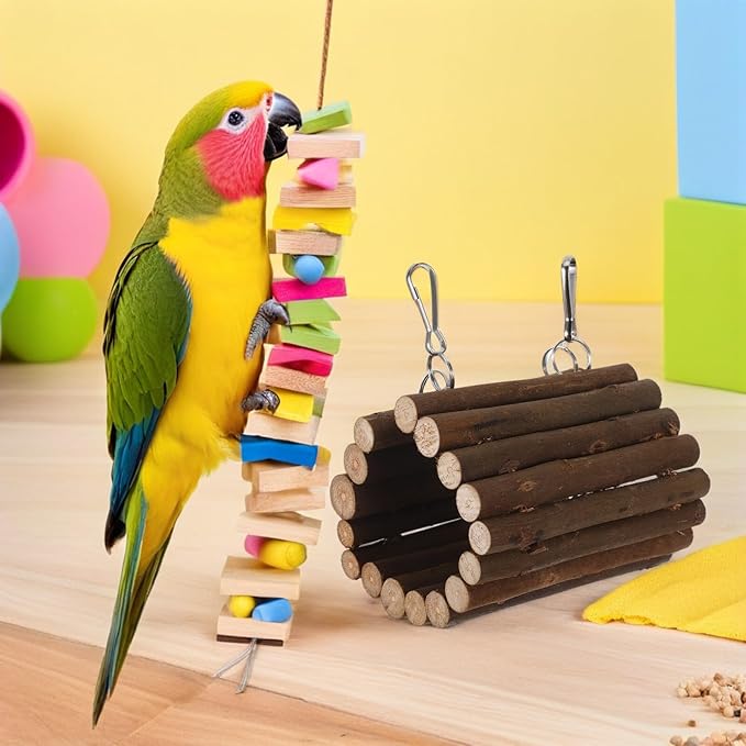 SUPVOX Wooden Parrot Swing and Hanging Tunnel with Hook, Small Natural Chewable Bird Cage Accessory for Climbing and Playing