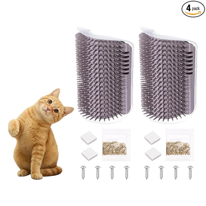 Self Grooming Cat Brush, Cat Self Groomer Scratcher with Catnip Softer Scratchers Wall Corner Groomer Massage Combs (4Pcs, S, Grey) for Long Short Fur Pets/Kittens/Puppies