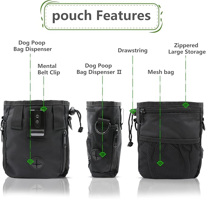 Dog Treat Pouch, Pet Training Clickers,Hands-Free Waist Belt Clip Nylon Pet Treat Pouch with Shoulder Strap, Puppy Walking Supplies Built-in Poop Bag Dispenser for Cat Bird Rabbit (Black)
