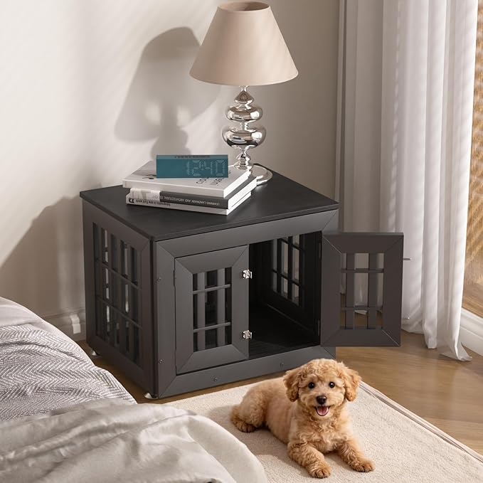 Snuowu 26" Heavy-Duty Dog Crate Furniture for Small/Medium Dogs, Rustic Wooden Dog Cage Kennel Indoor Furniture, Decorative Pet House End Table, Black