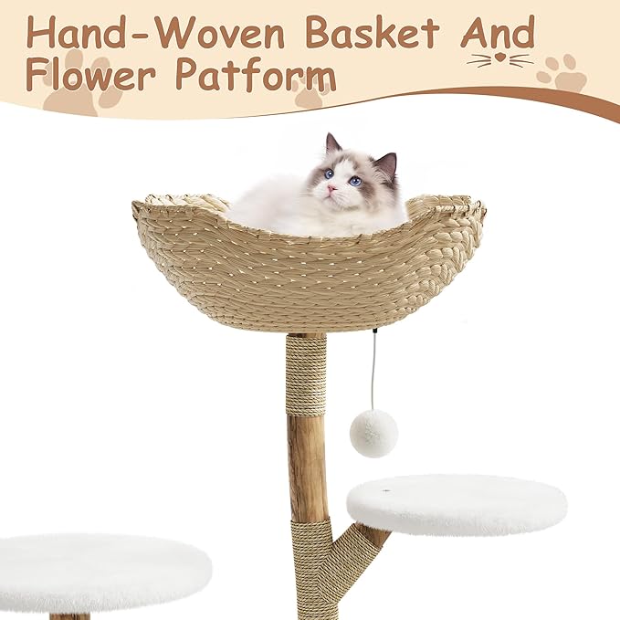 Garvee Wood Cat Tree Tower, Indoor Cat and Natural Wicker Apartment with Cat Catching Column and Bed, Aesthetic Tree Frame
