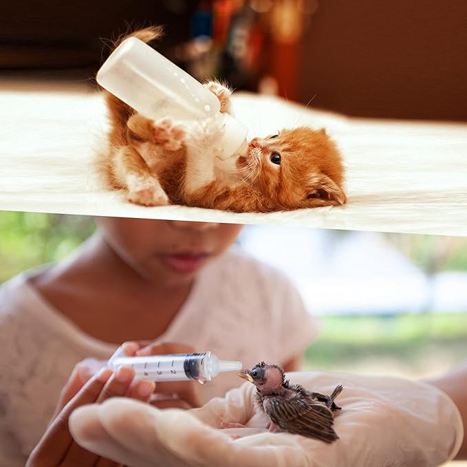 Sadnyy 17 Pcs Kitten Bottle Feeding Kit Puppy Bottles for Nursing Puppy Milk, Liquid Syringes in 1, 5 and 10 ml, Replacement Silicone Nipples, Cleaning Brushes for Newborn Pet Dog Rabbit Goat