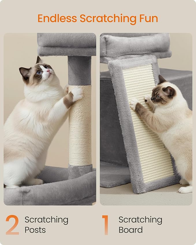 Feandrea Cat Tree, Cat Tower Condo with Scratching Posts and Ramp, 2 Large Perches, Cave, Basket, 33.8 Inches Tall, Dove Gray UPCT013GD02S