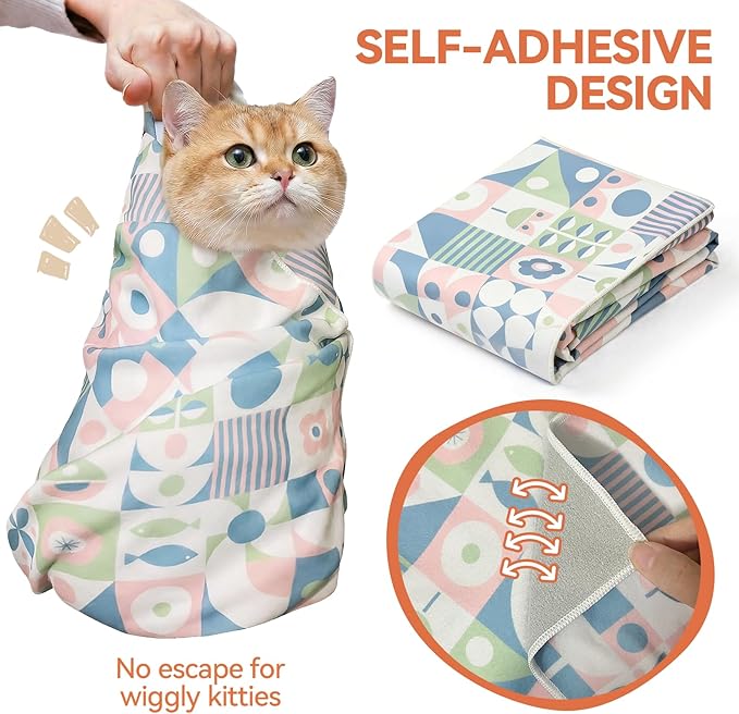 BFNN Cat Grooming Wrap for Cutting Nails, 27.6" Anti-Escape Calming Cat Swaddle Wrap for Medicine, Nail Clipping, Teeth Brushing, Ear Cleaning, Self-Adherent Burrito Restraint, (Geometric Fish, L)