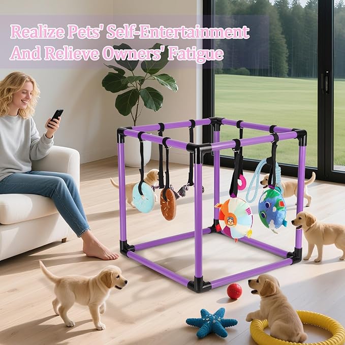 Liitrton Puppy Play Gym - Small Dogs Play Gym with 8 Hanging Toys, Indoor Puppy Jungle Gym with Interactive Dog Enrichment Toys, 19.5"x19.5"x19.5" PVC Frame (Purple)