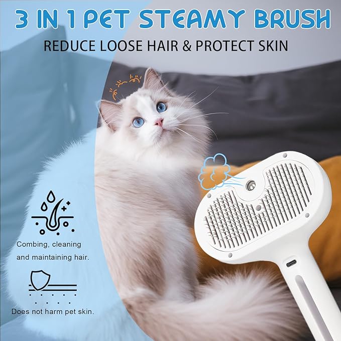 2025 Fresh Fur Shower Brush, 3 in 1 Pet Steam Brush, Spray Hair Removal Comb for Cats ＆ Dogs - Deshedding＆ Grooming (White)