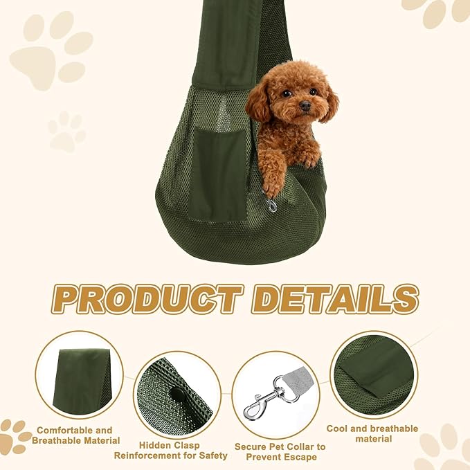 Dog Sling Carrier for Small Dogs and Cats Up to 16.5 Lbs, Breathable Thick Shoulder Strap Pet Crossbody Shoulder Bag, (Green, 1 Pcs) Intended for Outdoor/Camp/Travel