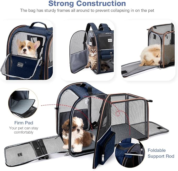 Extra Large Cat Backpack Carrier Expandable Pet Carrier Backpack for Small Dogs Medium Cats Fit Up to 18 Lbs, Dog Backpack Carrier, Foldable Puppy Backpack Carrier for Travel, Hiking,Blue