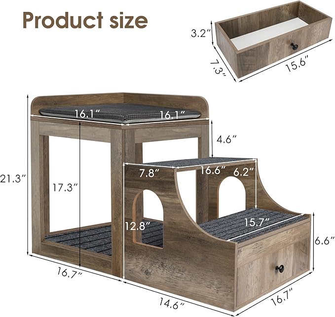 Cat Window Perch with Removable Stairs, Large Pet Bunk Bed with Drawer and Cushion for Cats and Dogs, Strong Frame Pet Bed for Bedside, Home, Indoor, Grey