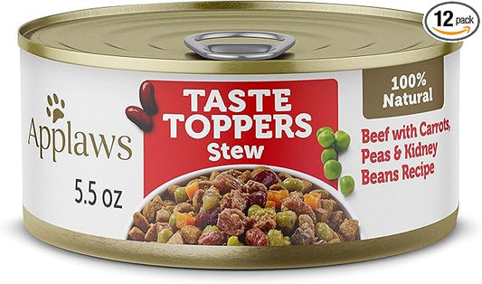 Applaws Taste Toppers, Grain-Free Dog Food Topper, Limited Ingredient, Beef Stew with Carrots, Peas & Kidney Beans (12 x 5.5oz Cans)