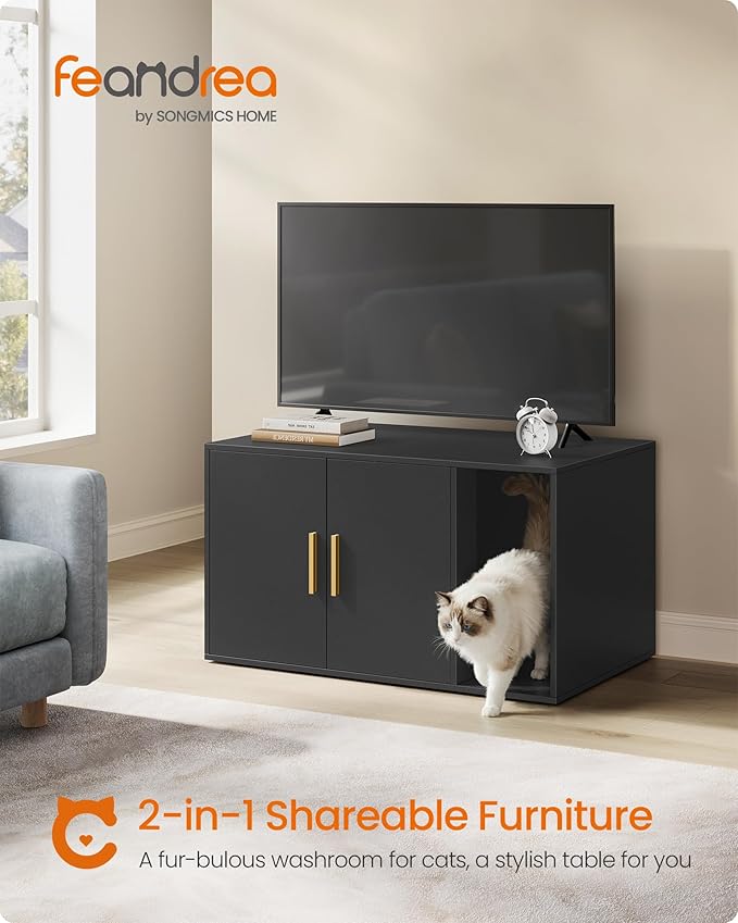 Feandrea Cat Litter Box Enclosure, Modern Hidden Litter Box Furniture, Front Entry, Double Doors, Indoor Pet House, Living Room Side End Table, 31.5 x 19.7 x 17.7 Inches, Ink Black UPCL020BC01S