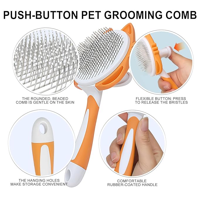 HOP Self Cleaning Slicker Brush for Cats Orange Pet Brush for Shedding&Deshedding Skin-Friendly Pet Grooming Tool for Long&Short Haired Dogs and Cats Gentle Remove Loose Hair Knots Tangles