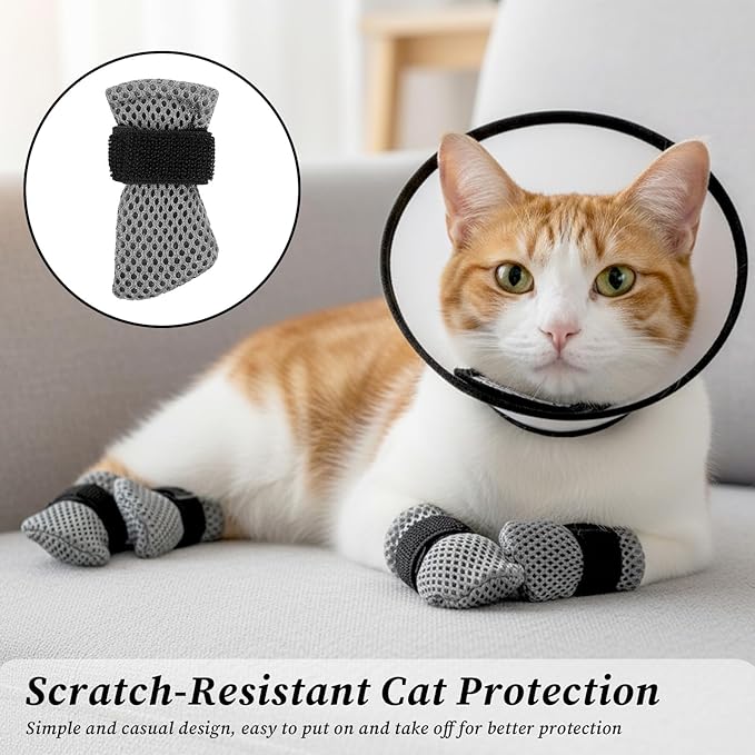 5 Pcs Cat Boots Anti Scratch Mittens Gloves with Elizabethan Collar Adjustable Cat Claw Protectors Covers Mesh Breathable Kitten Shoes Booties Anti Scratch Socks for Pet Bathing Cutting Nails