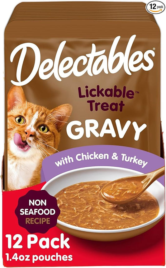 Delectables Lickable Treat Gravy Non-Seafood Wet Cat Treat with Real Chicken & Turkey, Food Topper, Hydrating, Grain-Free, No Fillers, By-Products, Added Preservatives, 1.4oz Pouch, 12ct