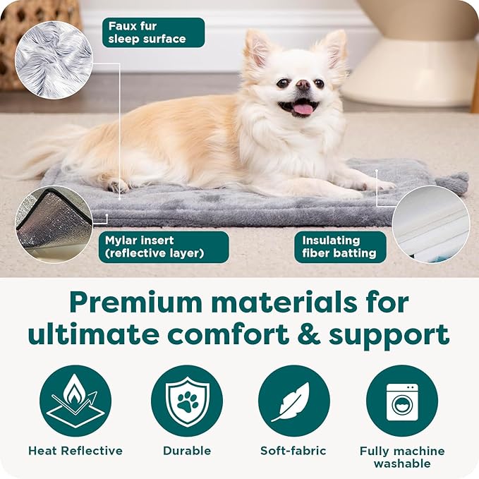 Furhaven ThermaNAP Self-Warming Cat Bed for Indoor Cats & Small Dogs, Washable & Reflects Body Heat - Quilted Faux Fur Reflective Bed Mat - Snow Leopard, Small