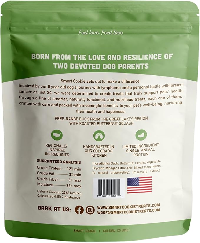 Smart Cookie All Natural Dog Treats - Duck & Squash - Training Treats for Dogs & Puppies with Allergies, Sensitive Stomachs - Soft Dog Treats, Chewy, Grain Free, Made in USA - 5oz, Pack of 3