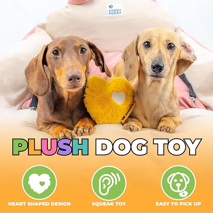 FUNNY FUZZY Dog Toy, Heart Plush Squeaky Dog Toy for Puppy Cats with Soft Squeaker, Fun for Indoor Puppies and Kitten, Pet Toy for Small Medium Large Breeds, Yellow,1PC