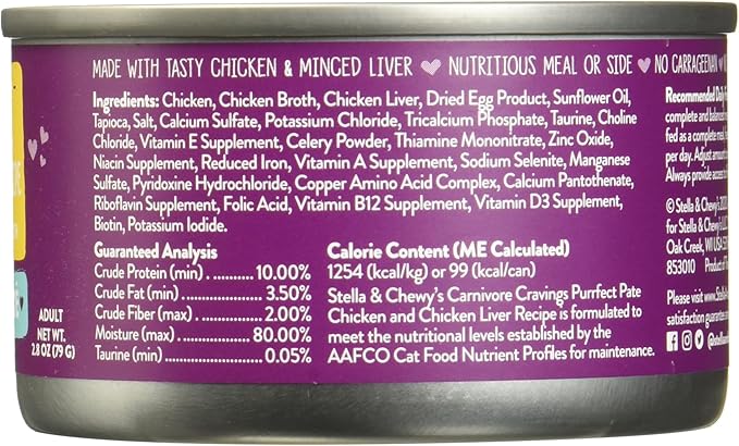 Stella & Chewy's Carnivore Cravings Purrfect Paté - Premium Grain-Free Wet Cat Food - Chicken & Liver Recipe - High Protein with Bone Broth - Perfect for Picky Eaters - 2.8oz Cans (12 Pack)