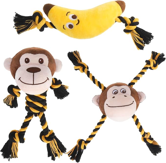 PUPTECK Funny Dog Squeaky Chew Toys - 3 PCS Cute Monkey Plush Stuffed Toys for Puppy Pet Tugging Playing