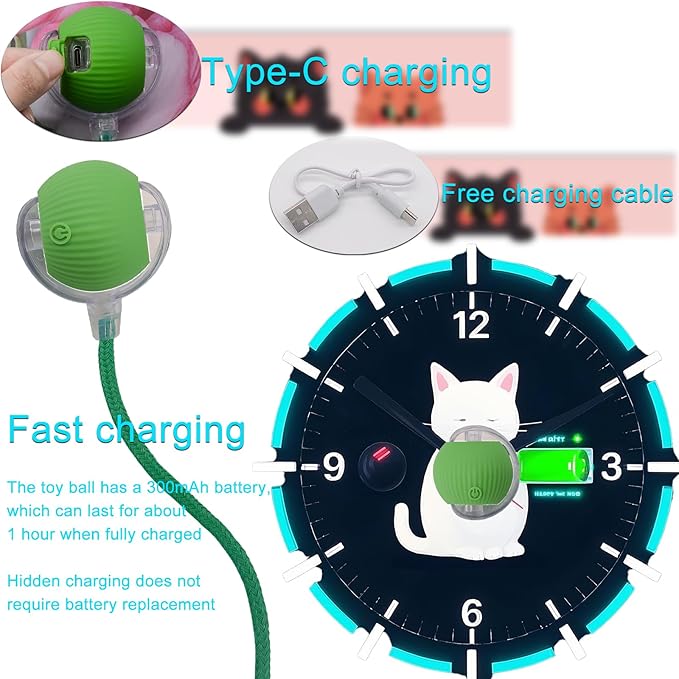 Interactive Cat Dog Toy Ball: Indoor Automatic Moving Smart Rolling Fun Pet Game with Led Light and Tail for Motion Activated, Kitten Puppy Present, Chase Exercise, Hunting Simulation-Upgrade (Green)