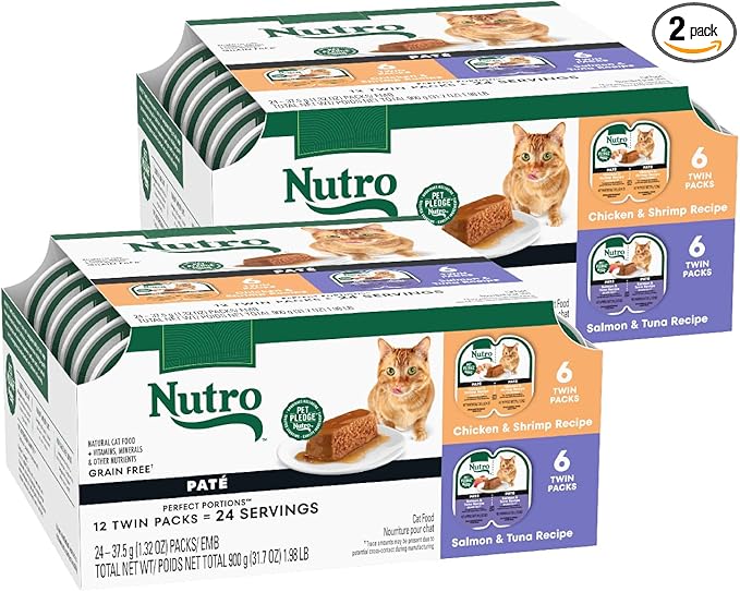 Nutro Wet Cat Food Pate Multipack: Variety Pack, Salmon & Tuna Recipe, Chicken & Shrimp Recipe, 2.64 oz. Trays (12 Count, Pack of 2)