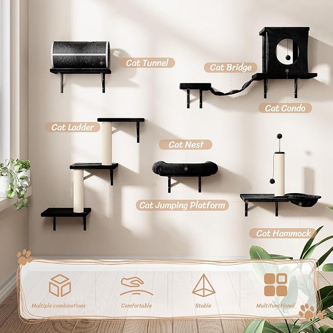 NUNU LAB Wall Mounted Cat Furniture, 7 Pcs Cat Wall Shelves with House, Tunnel, Bridge, Steps, Scratcher, Hammock, Bed, Indoor Safe & Stable Furniture for Kittens Play, Black