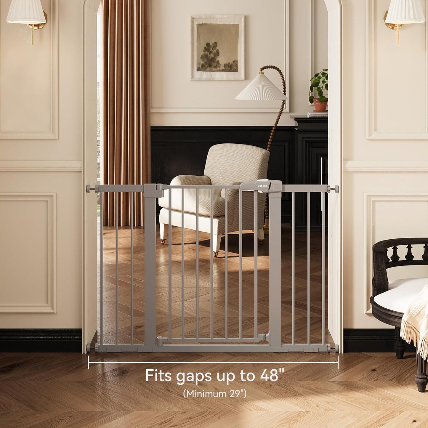 Babelio Metal Baby/Pet Gate, 29-48'' Auto Close Easy Install, Extra Wide Walk Thru for Child Safety, Pressure Mounted Dog Door for Doorways & Stairs, with Y Spindle Rods, Grey