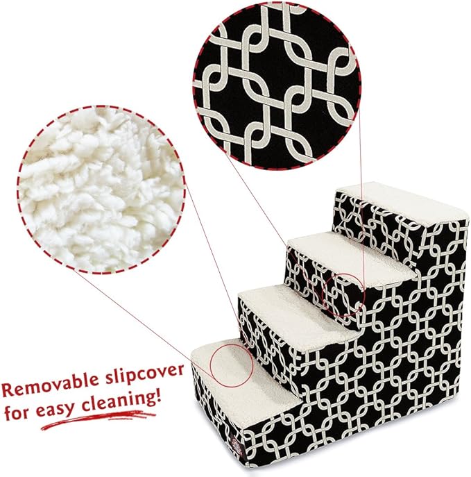 Majestic Pet 4 Step Portable Dog Stairs for Small Dogs to get on Bed Supports 25 lbs or Less – Dog Steps for High Bed with Machine Washable Cover – Pet Stairs for Cats Links Black