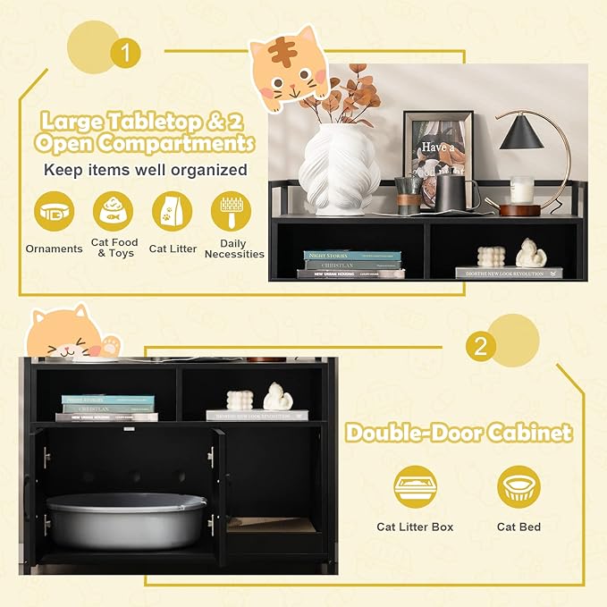 Tangkula Litter Box Enclosure, Cat Litter Box Furniture Hidden w/Metal Frame, Scratching Board, Storage Compartment, Wooden Cat Washroom, Indoor Cat House Side Table, Cat Box Cabinet (Black)