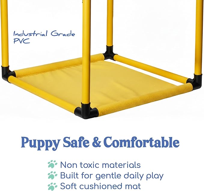 Race&Herd Puppy Play Gym, Dog Play Mat, 8 Bungee Straps Interactive Puppy Active Toys - Small Dog Jungle Gym 19.5" Frame with Playground Set Indoor Enrichment Activity Center (Yellow)
