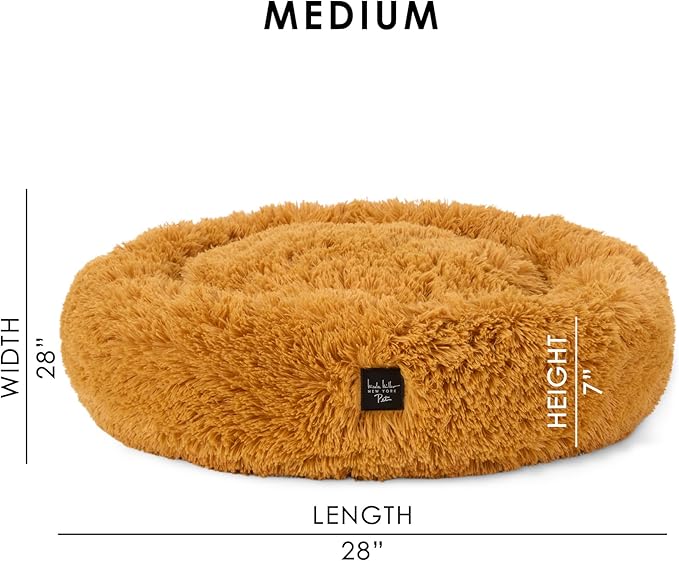 Nicole Miller New York PET Ellie Fuzzy Solid Donut Pet Bed, Plush, Cozy & Calming, Non-Slip Bottom, 100% Machine Washable, Gold, Medium 28"x28"x7" Round