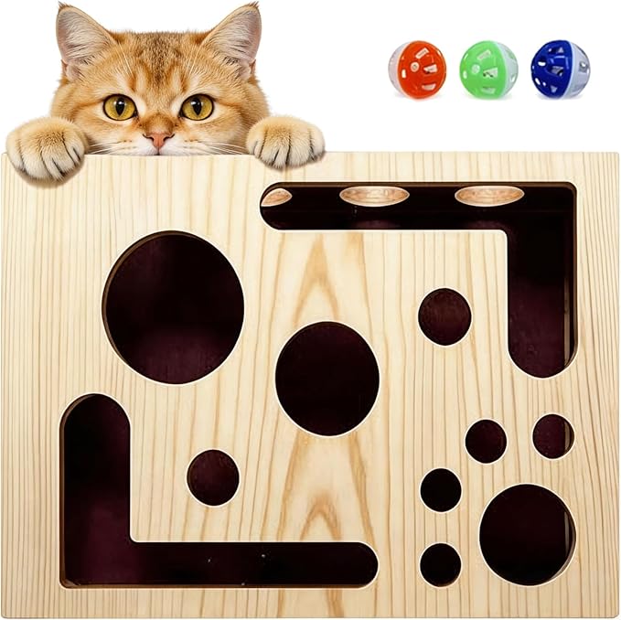 Cat Nail File Enrichment Box with Sandpaper 3 Balls, Multilayer Solid Wood Cat Scratch Puzzle Box Nail File, Interactive Cat Puzzle Toy for Indoor Cats, Alternative to Nail Clippers