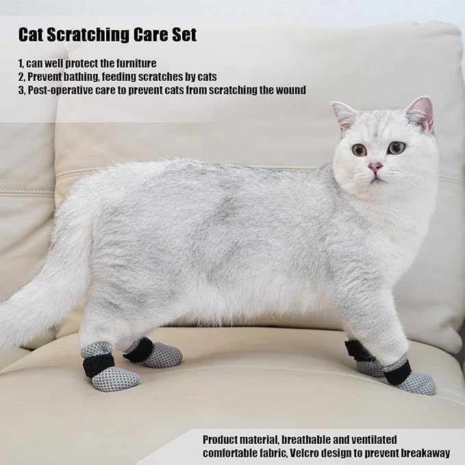 4pc Cat Scratch Cover for Nursing & Rehabilitation - Adjustable Cat Bath Gloves, Anti-Scratch Pet Grooming Booties for Bathing (Black)