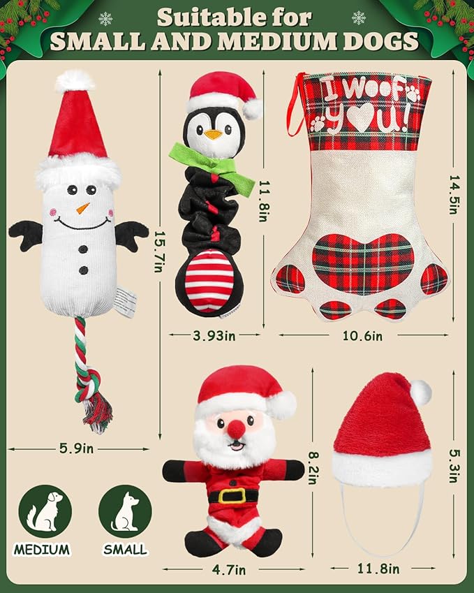 Swooflia 5 Pcs Christmas Dog Toys Stocking Stuffers - Cat Hat Plush Squeaky Dog Toys for Small Dog Cat Puppy Pet to Keep Them Busy and Celebrate Xmas (Not for Big & Aggressive Chewer)