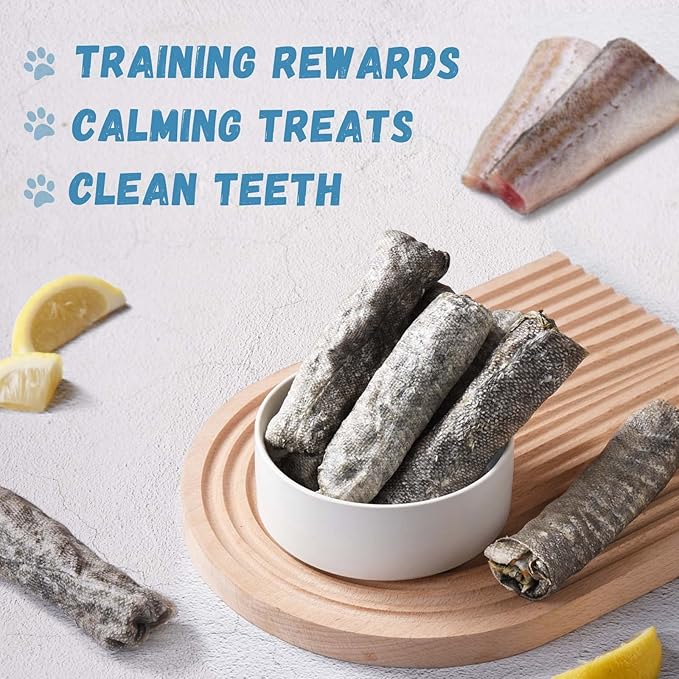 Pawmate Dog Treats Natural Cod Skin Rolls, Rawhide-Free Chewy Fish Skin Dog Chews for Medium Large Breeds, One-Ingredient Healthy Training Treats Rich in Omega3 & Protein, 10.6 oz