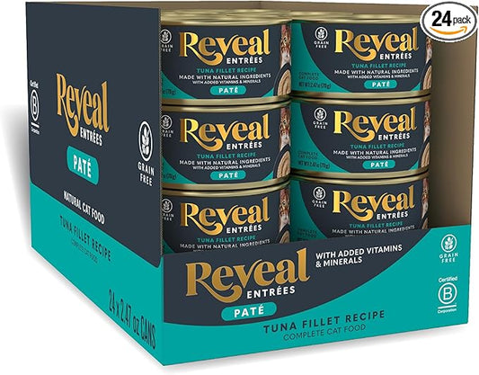 Reveal Entrées Natural Wet Cat Food Paté, Grain-Free with Added Vitamins & Minerals, Carrageenan-Free and High Protein, Tuna Fillet Paté Recipe (24 x 2.47 oz Cans)