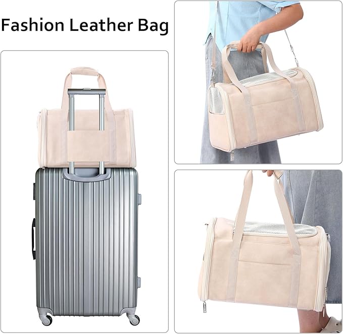 Lasaviin Fashion Leather Dog Carrier Cat Carrier Airline Approved Pet Carrier for Small Medium Dogs Cats Under 15Lbs, Collapsible Soft Sided Travel Puppy Carrier White