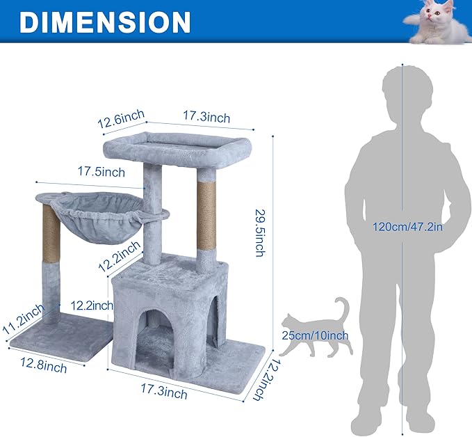 Cat Tree Tower 29.5 inch, Cat Tree for Indoor Cats with Hammock Perch, Small Cat Tower Playhouse Condos, Grey