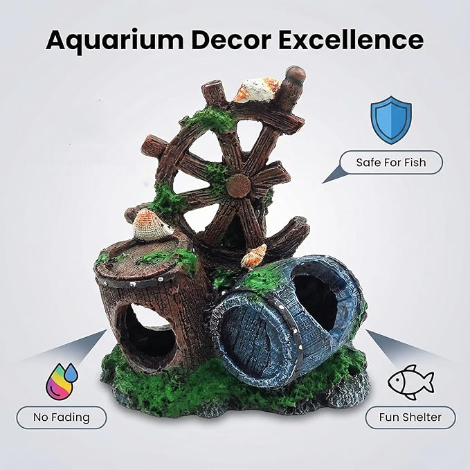 Mipukbay Fish Tank Decoration, Broken Ship Wheel & Cask Aquarium Decor Hiding Cave Ornament for Freshwater/Saltwater, Safe Landscaping Rock Resin Decoration for Betta Fish, Goldfish and Aquatic Pets