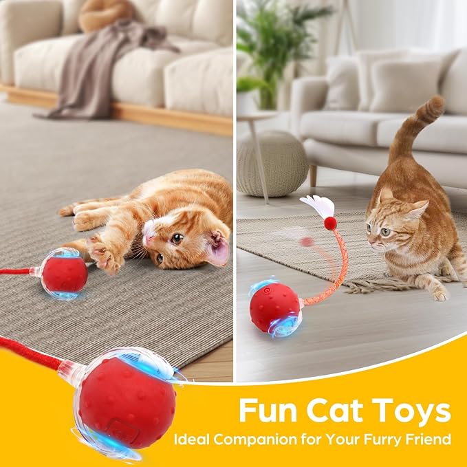 Interactive Cat Toys Ball, Automatic Moving Cats Toy with Elastic Mesh Bell Tail, Rechargeable Cat Ball for Bored Indoor Adult Cats, Energetic-cat (Red)