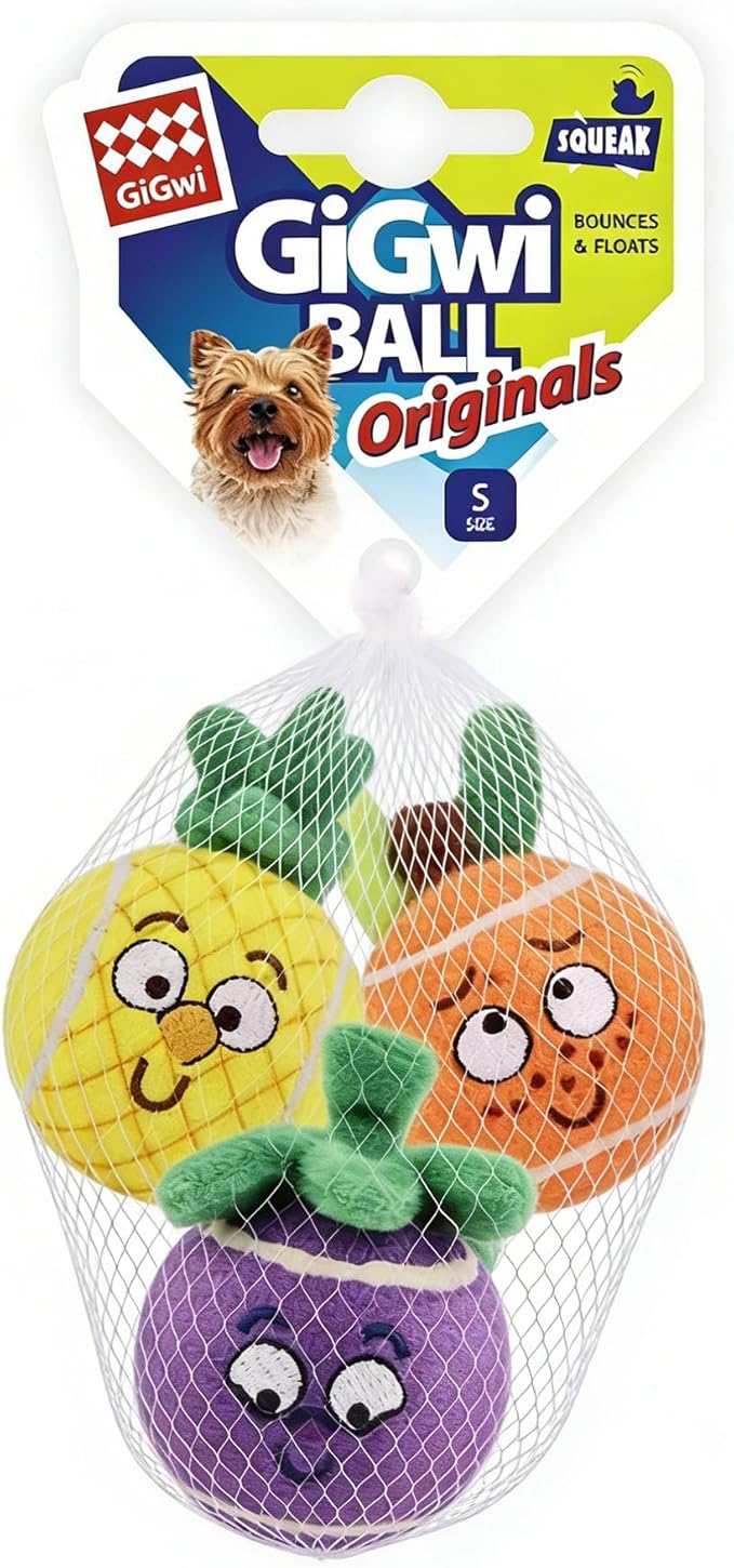 Gigwi Squeaky Tennis Balls for Dogs, Interactive Dog Balls with Colorful Fruit Plush Cover, Pet Bounce Toy 2.2" for Small Dog Indoor & Outdoor Fetch Play, 3-Pack