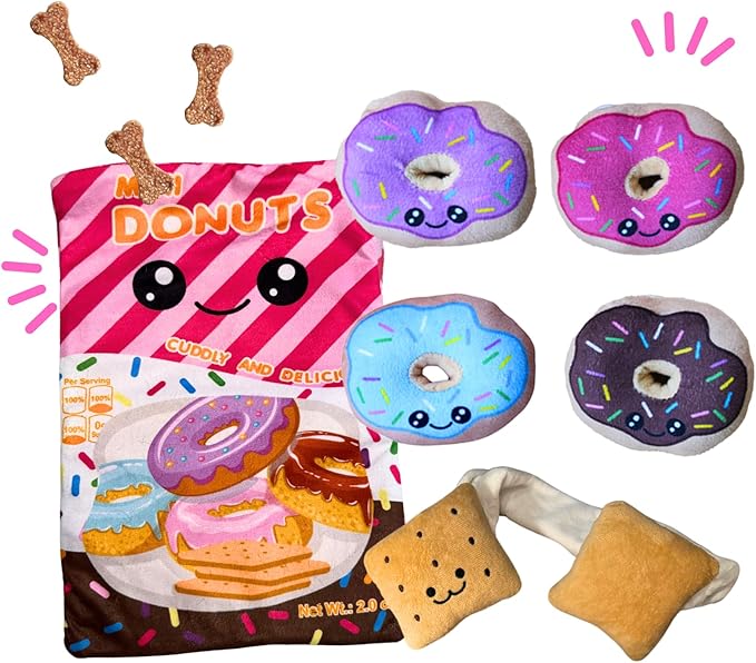 CECE PAW Donut Snuffle Toys, Squeaky Crinkle Interactive Dog Toys, Dog Enrichment Treat Puzzle for Boredom and Mental Stimulation, Puppies, Small and Medium Dogs (Plush Bag)