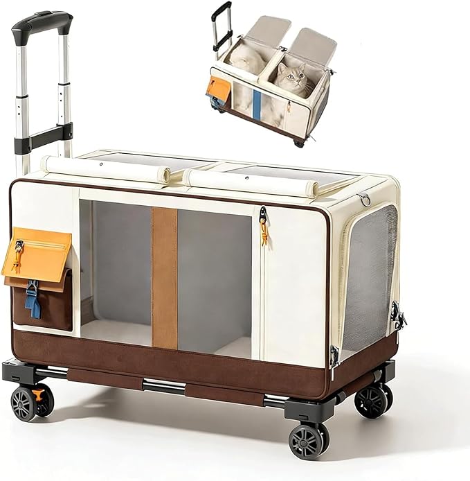 Large Cat Carrier with Wheels for 2 Cat, Double Rolling Pets Carrier on Wheel, Folding Soft-Sided Carriers with Telescopic Handle, Shoulder Strap Removable Soft-Sided Bag for Car, Vet, Outing