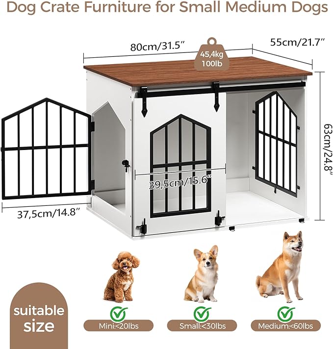 MAHANCRIS Dog Crate Furniture, 31.5" Farmhouse Dog Kennel with Sliding Barn Door, Wooden Dog Cage for Small Medium Dogs, Decorative Pet House Side End Table, Chew-Resistant, White and Walnut DCBA9601