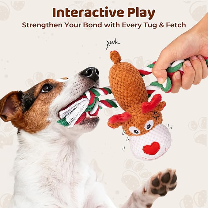 Plush Rope Reindeer Dog Toy – Durable Squeaky Tug Toy for Small, Medium Dogs, Interactive Chew & Fetch Puppy Toy