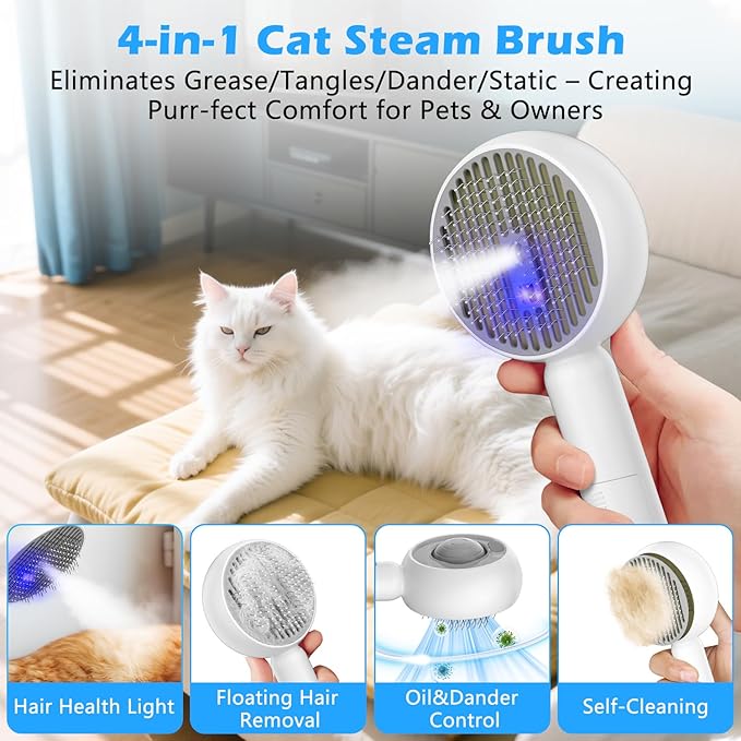 4 in 1 Cat Steam Brush for Shedding, Pet Grooming Brush with Self-Cleaning & Anti-Static, Massage Comb for Long and Short Haired Cats/Dogs, Gray