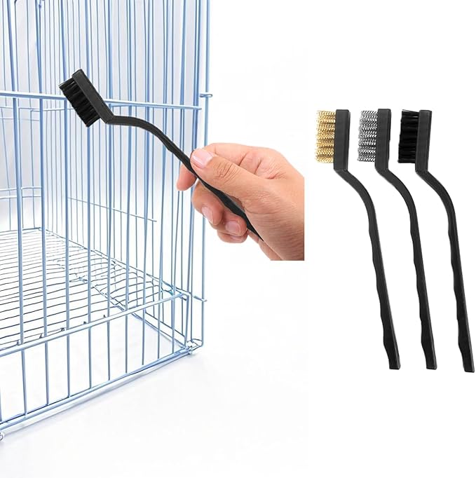 3PCS Bird Cage Cleaning Brush Set Copper,Nylon & StainlessSteel Brushes for ParrotCages,Kennels,Perches and More