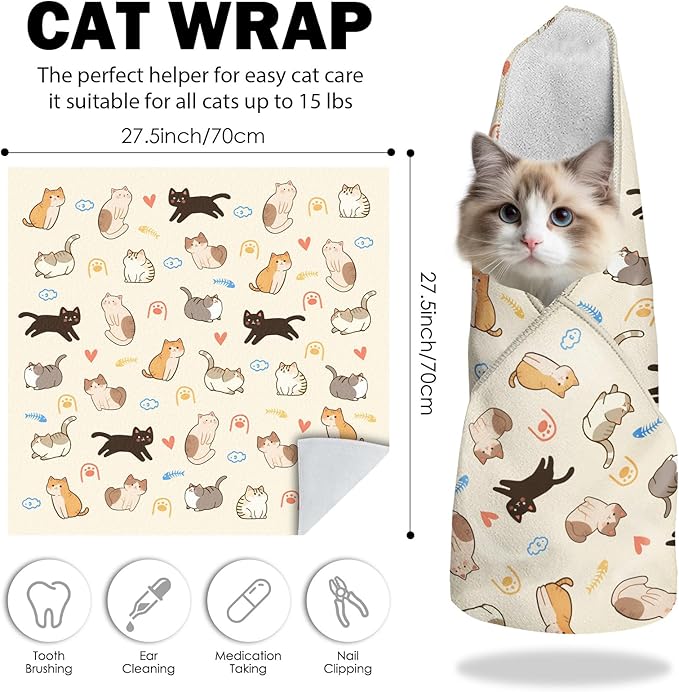 27.6"Cat Grooming Wrap, Self Adhesive Cat Wrap for Cutting Nails, Anti-Escape Calming Cat Swaddle Wrap for Medicine Ear Cleaning, Anti-Scratch Cats Burrito Restraint Blanket, Pet Tool (6-10 lbs)