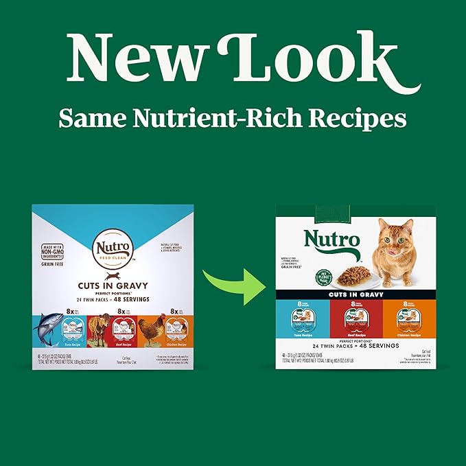 Nutro Perfect Portions Wet Cat Food Cuts in Gravy Multipack, Adult Cat Food Wet Beef, Tuna, and Chicken Recipes, 2.64 oz Twin-Pack Trays (24 Count, Pack of 1)