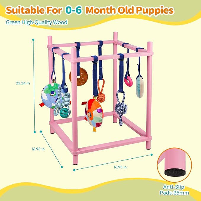 Wooden Puppy Play Gym for Small Dogs, Puppy Jungle Gym with 8 Hanging Toys, Wood Frame Indoor Puppy Gym with Dog Enrichment Toys for Puppies and Small Pets (Pink)